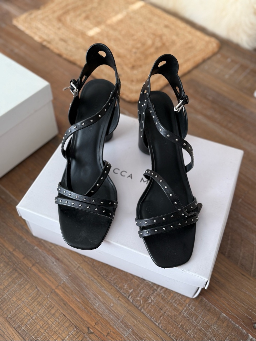 Rebecca Minkoff Black Leather Studded Strappy Block Heel Sandals Size 11